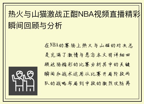 热火与山猫激战正酣NBA视频直播精彩瞬间回顾与分析